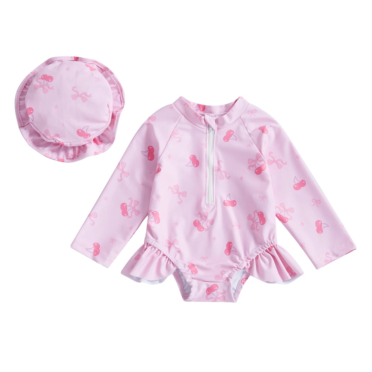Baby Toddler Girls 2Pcs Rash Guard Swimsuit with Hat Bow Floral Print Zip Up Long Sleeve Crew Neck Swimwear Bathing Suit Set