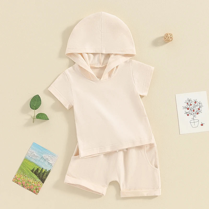 Toddler Baby Girl Boy 2Pcs Outfit Solid Color Hooded Short Sleeve Top and Shorts Set