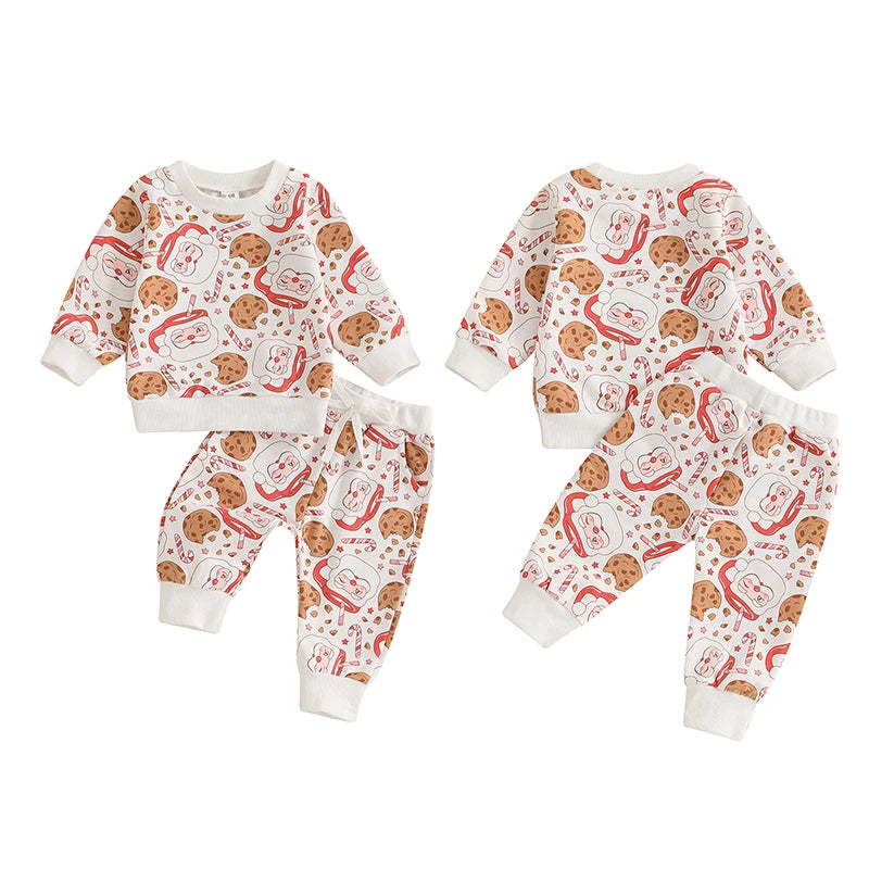 Baby Toddler Girls Boys 2Pcs Christmas Jogger Set Cookie Santa Claus Print Long Sleeve Top with Pants Outfit