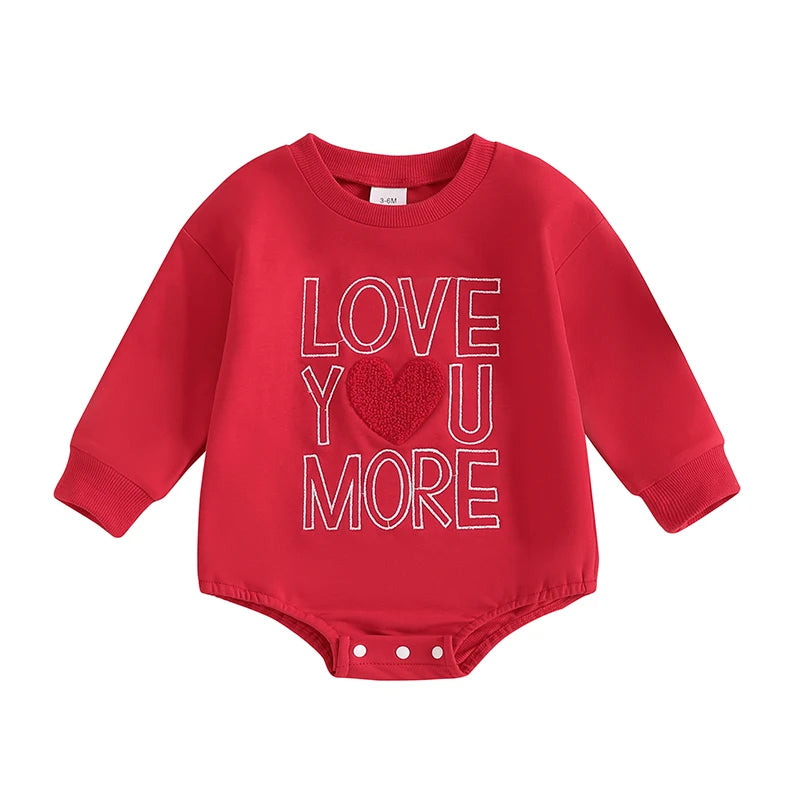 Baby Boys Girls Love You More Valentine's Day Romper Heart Letter Embroidery Long Sleeve Bubble Valentines Jumpsuit