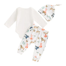 Load image into Gallery viewer, Baby Girls Boys 3Pcs Hello I&#39;m New Here Long Sleeve O Neck Romper Animals Print Pants Hat Set
