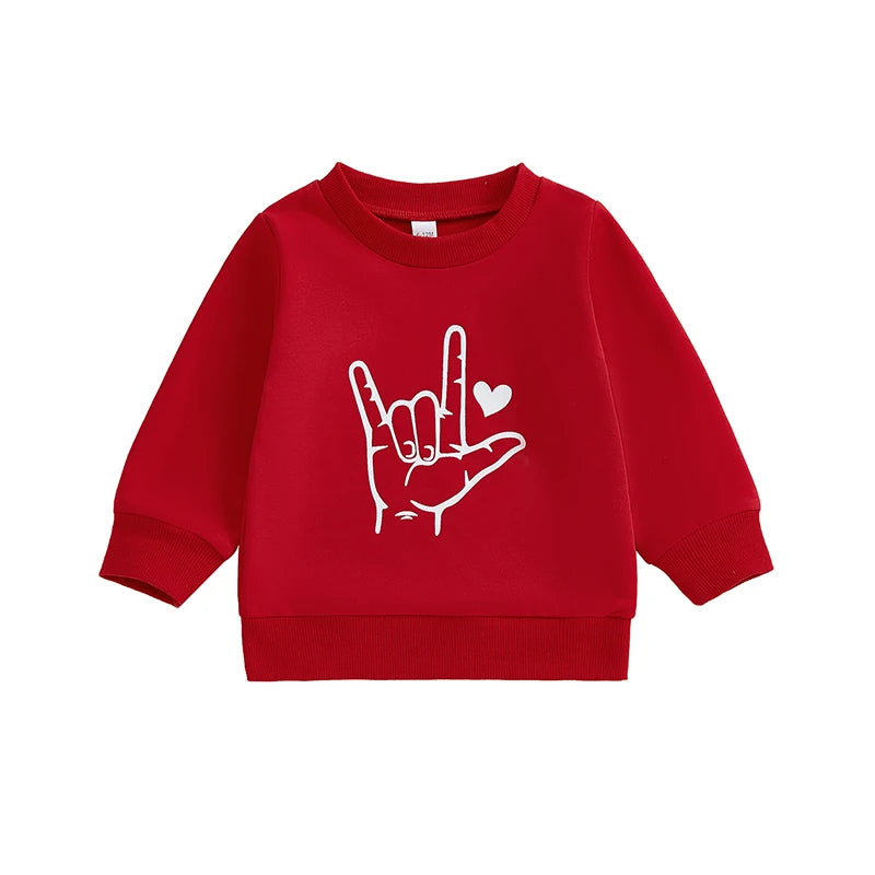 Baby Toddler Girls Boys Love Hand Sign Language Heart Print Long Sleeve Pullover Valentine's Day Valentines Top