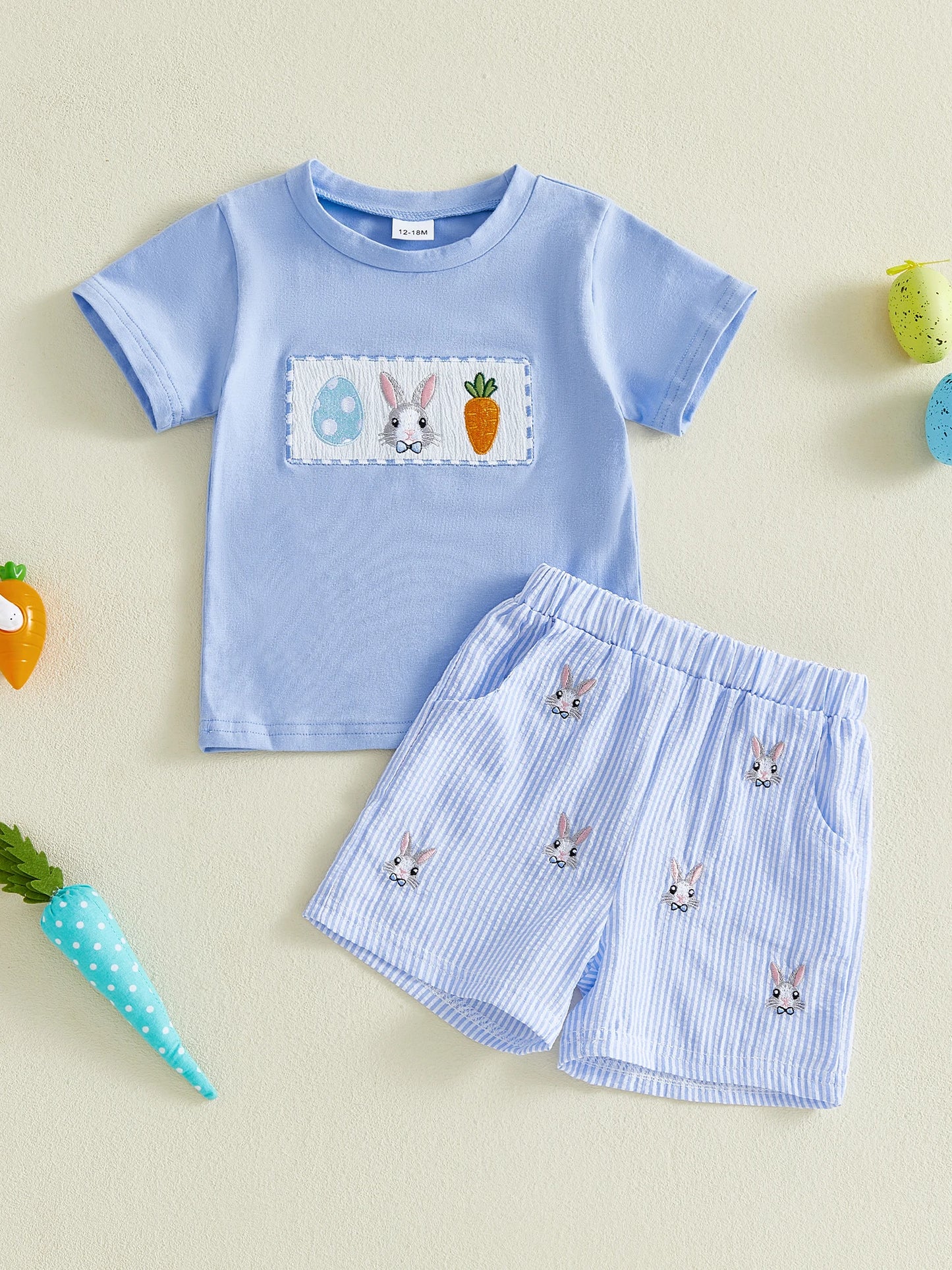 Baby Toddler Boys 2Pcs Easter Outfit Adorable Bunny Eggs Embroidery Short Sleeve Round Neck Top and Shorts Set