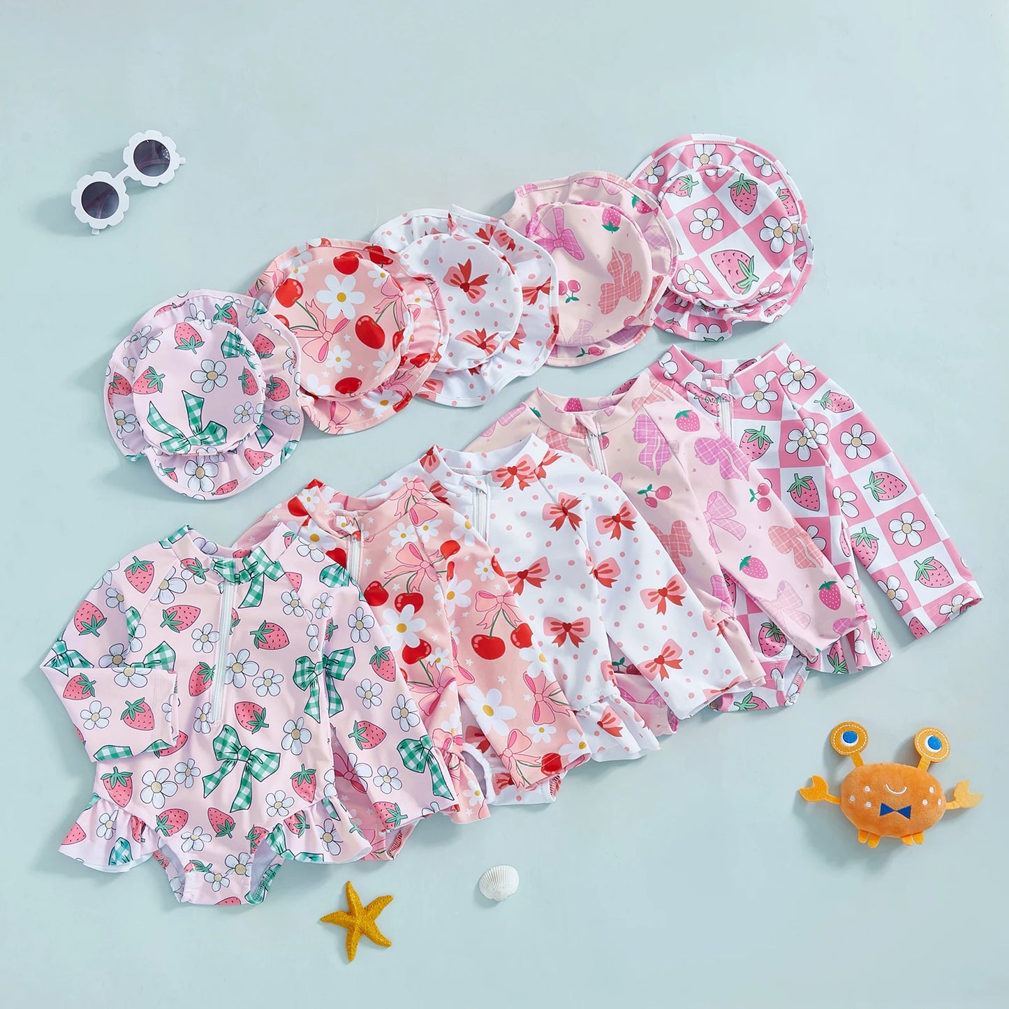 Baby Toddler Girls 2Pcs Rash Guard Swimsuit with Hat Bow Floral Print Zip Up Long Sleeve Crew Neck Swimwear Bathing Suit Set
