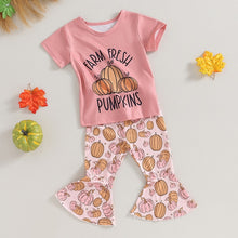 Load image into Gallery viewer, Baby Toddler Girls 2 Pcs Halloween Sets Short Sleeve Letter Pumpkin Print Tops Flared Pants Sets
