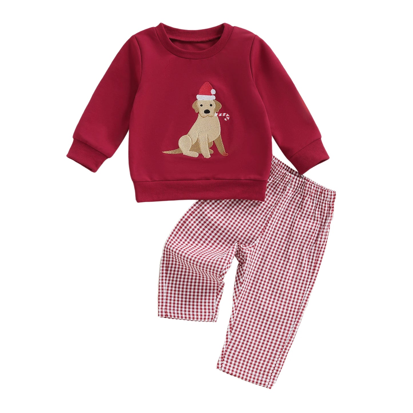 Baby Toddler Girls Boys 2Pcs Christmas Outfit Dog Embroidered Crew Neck Long Sleeve Top and Plaid Pants Set