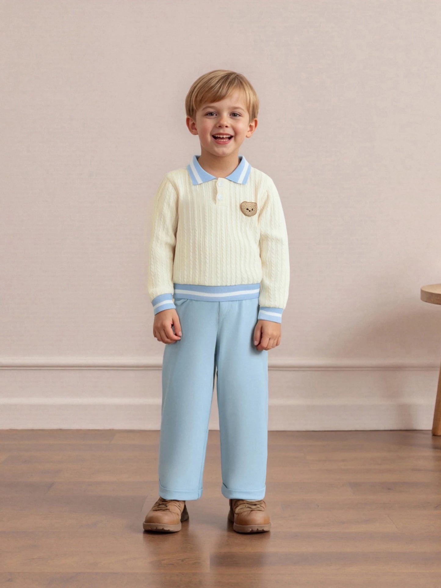 Baby Toddler Boys 2Pcs Fall Outfit Long Sleeve Bear Embroidery Lapel Top + Pants Set