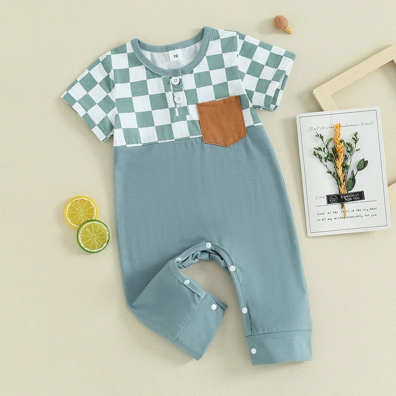 Baby Boys Romper Short Sleeve Crew Neck Checkerboard Print Pocket Casual Jumpsuit