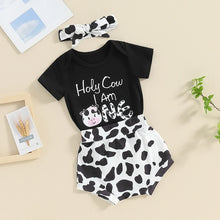 Load image into Gallery viewer, Baby Girl 3Pcs First Birthday Outfit Holy Cow I&#39;m One Short Sleeve Romper Cow Pattern Shorts with Headband Set
