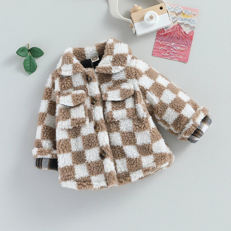 Baby Toddler Girls Plaid Checkered Fleece Coat with Turn-Down Collar Long Sleeves Button-Down Closure and Sherpa Lining - Stylish Winter Outerwear