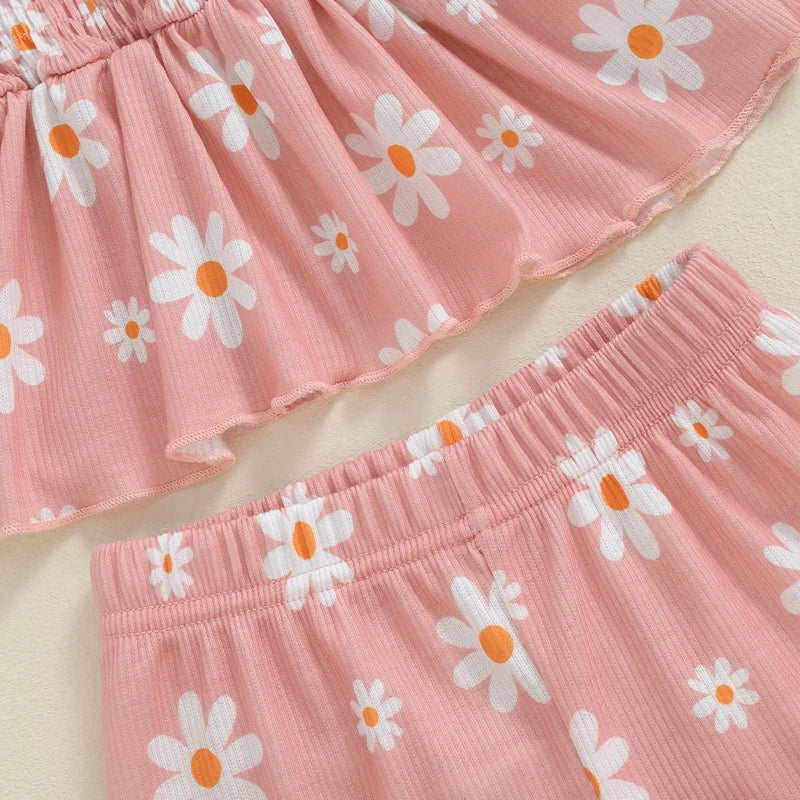 Baby Toddler Girls 3Pcs Outfit Sleeveless Daisy Flower Print Baby Doll Tank Top Shorts Headband Set