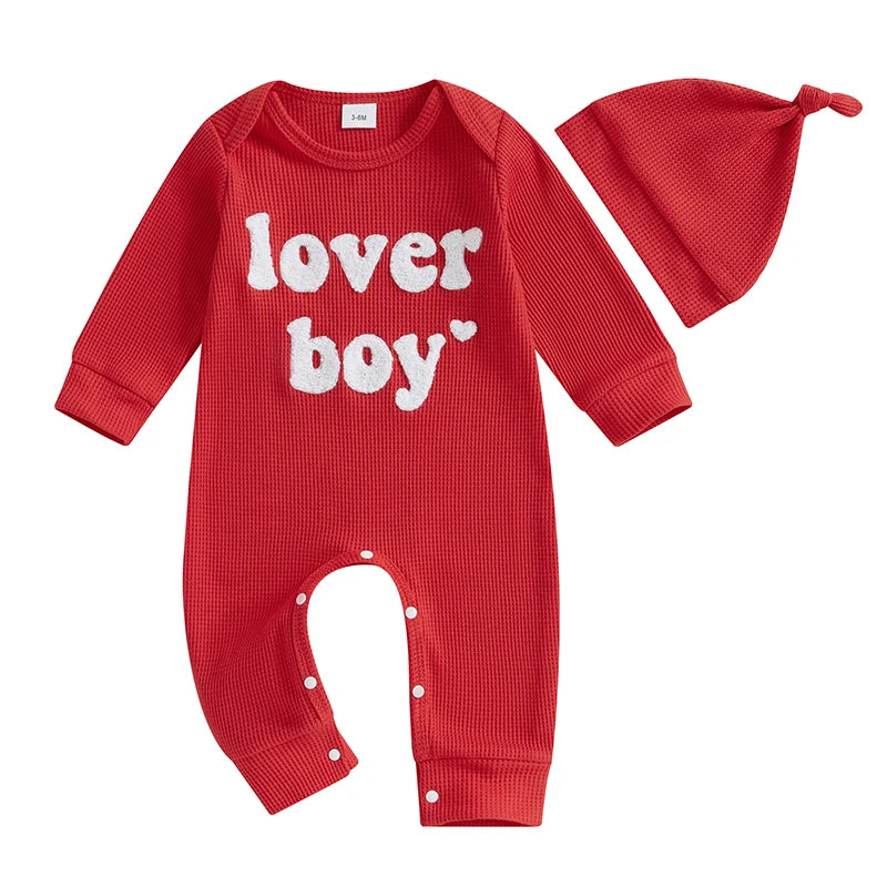 Baby Boy 2Pcs Lover Boy Romper Letter Heart Embroidery Valentines Long Sleeve Full Length Jumpsuit with Hat Valentine's Day Outfit Set