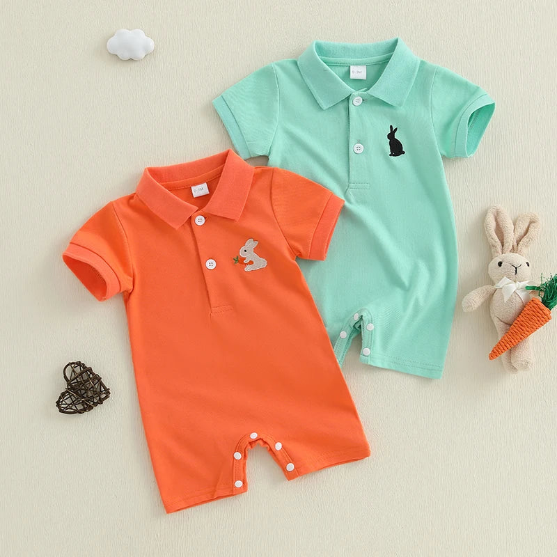 Baby Boys Easter Romper Spring Short Sleeve Lapel Collar Bunny Rabbit Embroidery Jumpsuit Playsuit