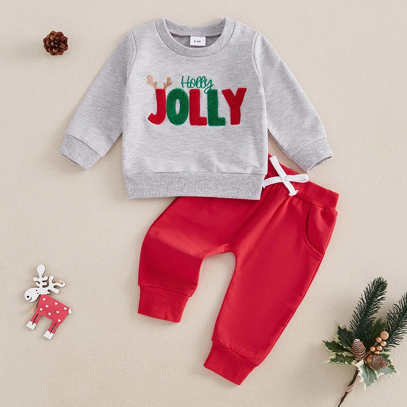 Baby Toddler Girls Boys 2Pcs Holly Jolly Christmas Outfit Letter Embroidery Long Sleeve Top with Solid Long Pants Jogger Set