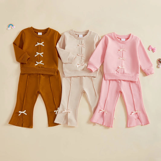 Baby Toddler Girl 2Pcs Fall Outfit Bow Decor Long Sleeve Round Neck Pullover Top + Elastic Waist Flare Pants 2Pcs Set