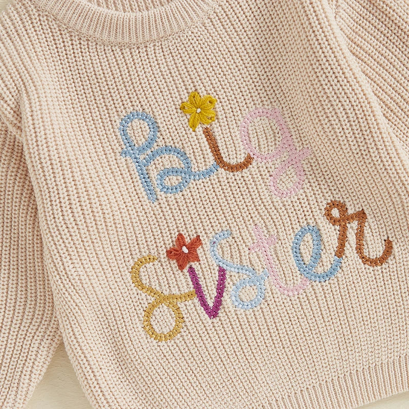 Baby Toddler Kids Girls Big Sister Fall Winter Sweater Casual Letter Flower Embroidery Crew Neck Long Sleeve Pullover Top