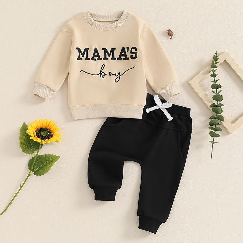 Baby Toddler Boys 2Pcs Mama's Boy Autumn Outfit Long Sleeve O Neck Letter Embroidery Top Drawstring Pants Set