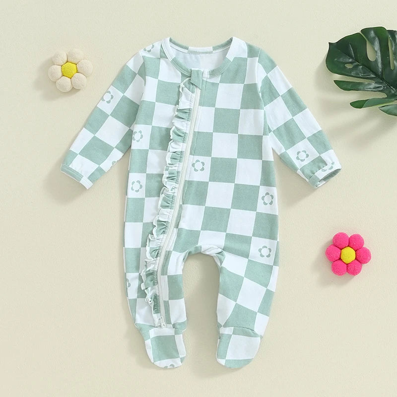 Baby Girls Footie Long Sleeve Crew Neck Zip Closure Checker Flower Print Fall Jumpsuit Zipper Romper