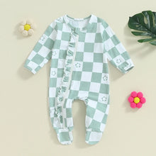 Load image into Gallery viewer, Baby Girls Footie Long Sleeve Crew Neck Zip Closure Checker Flower Print Fall Jumpsuit Zipper Romper
