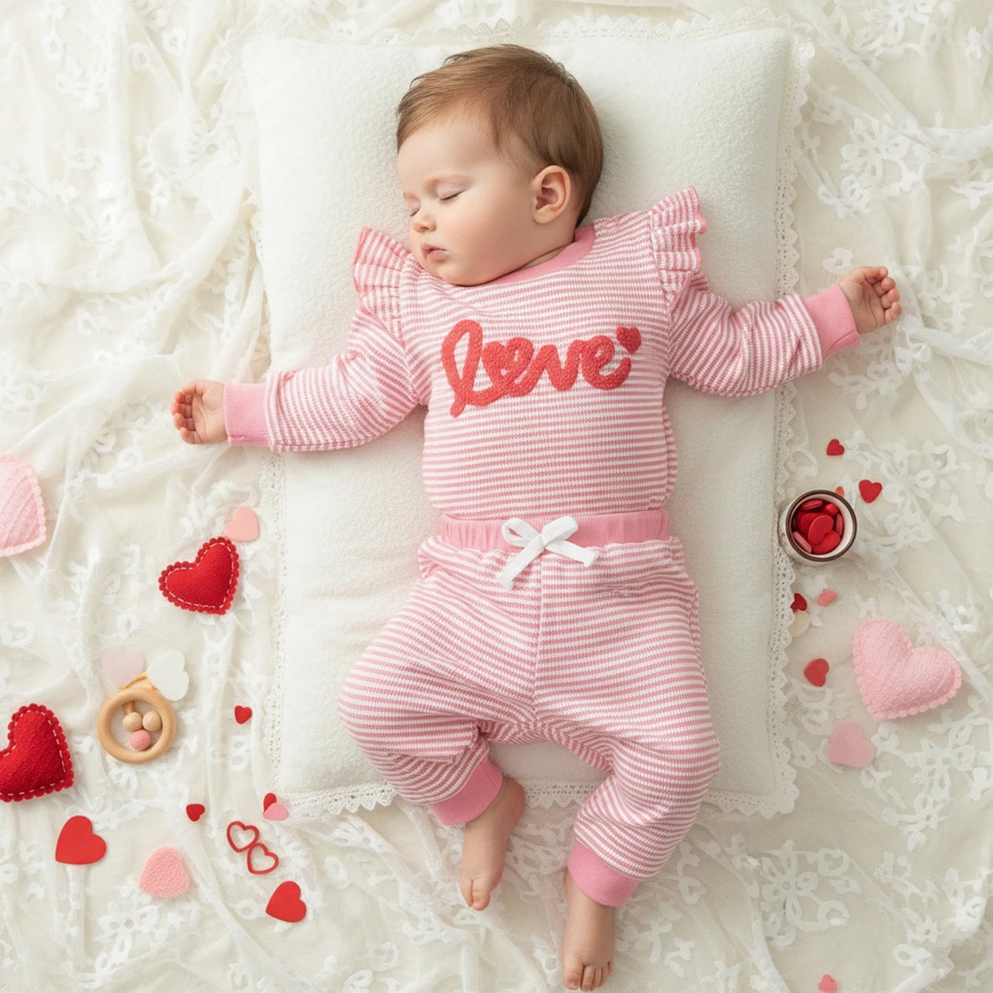 Baby Girls 2Pcs Valentine's Day Clothes Sets Letters Embroidery Love Stripe Long Sleeve Romper with Pants 2Pcs Set