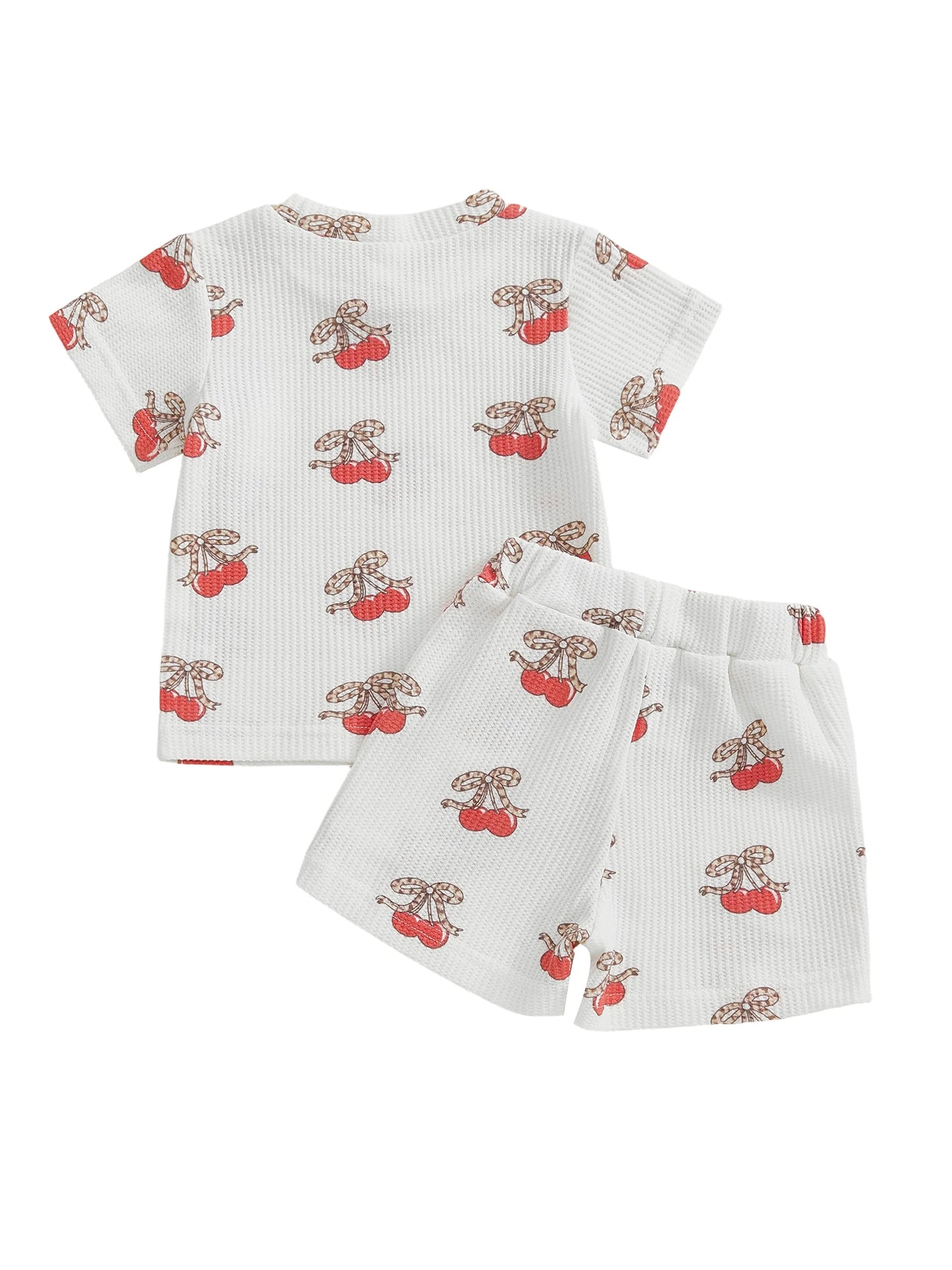 Baby Toddler Girls 2Pcs Outfits Fashionable Bow Cherry Print Short Sleeve Round Neck Top and Shorts Set
