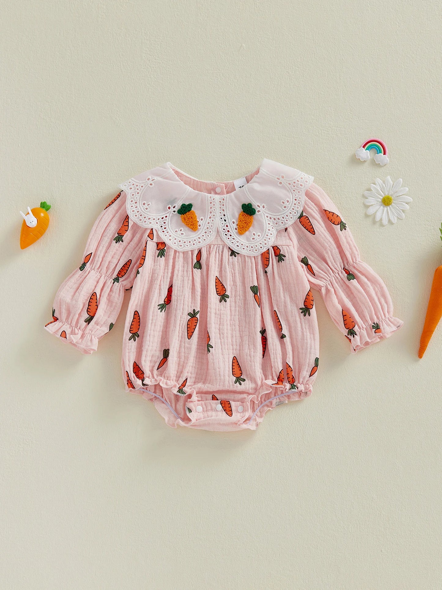 Baby Girl Easter Romper Long Sleeve Doll Collar Carrot Print Bubble Jumpsuit