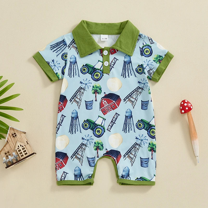 Baby Boys Summer Button Collar Romper Short Sleeve Lapel Western Cowboy Horse Tractor Farm Cactus Cow Print Jumpsuit