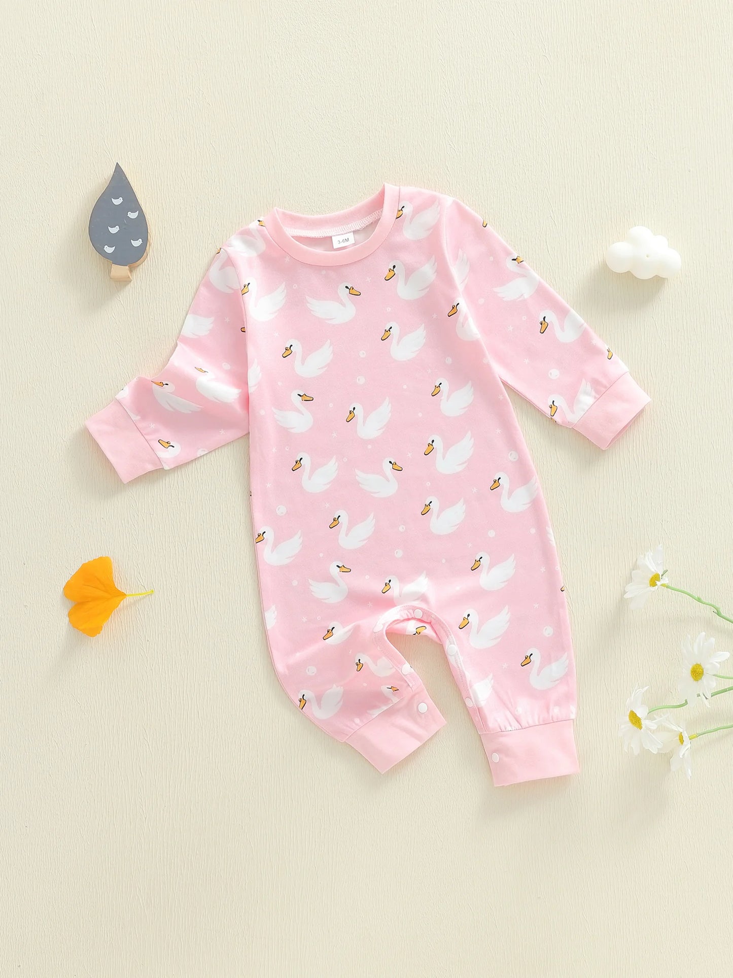 Baby Boys Girls Romper Comfortable Geese Print Crew Neck Long Sleeve Full Length Jumpsuit