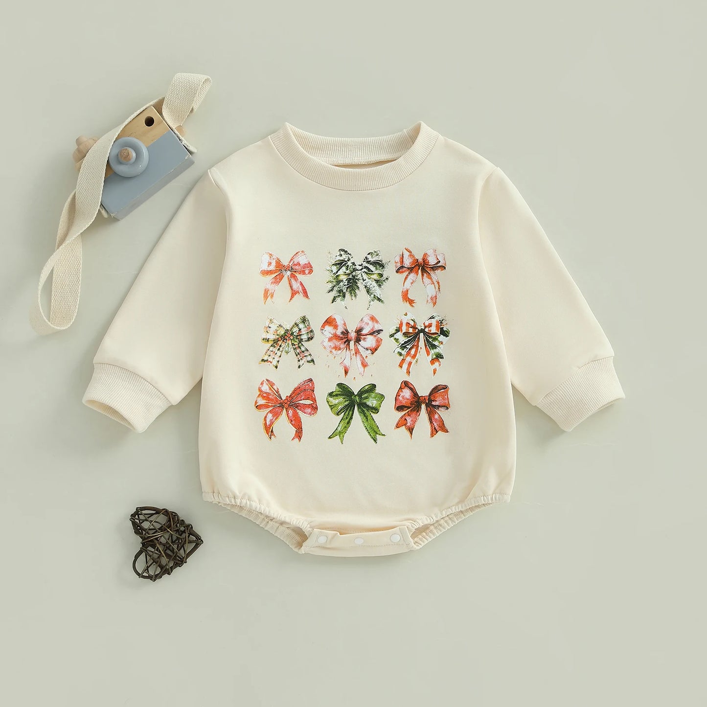 Baby Toddler Girls Christmas Bubble Romper Bow Print Long Sleeve Round Neck Jumpsuit