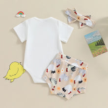 Load image into Gallery viewer, Baby Girls 3Pcs Easter Set Short Sleeve Freshly Hatched Letters Chick Print Romper Chicken Print Shorts Headband Bow Outfit
