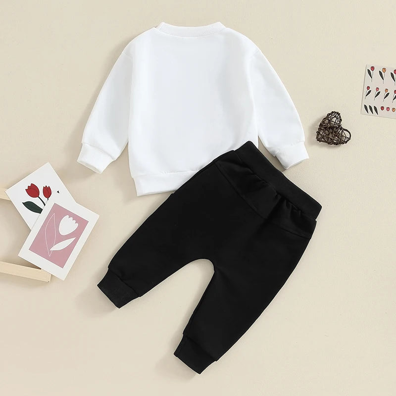 Toddler Baby Boys 2Pcs Valentine's Day Sets Long Sleeve Letter Mama's Little Valentine Print Pullover and Black Drawstring Pants