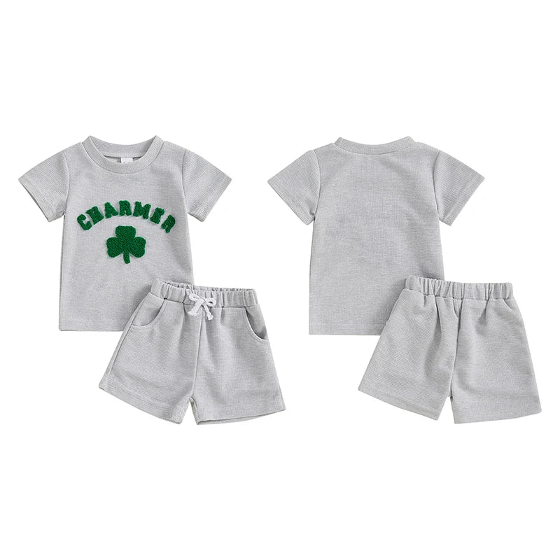 Baby Toddler Boys Girls 2Pcs St. Patrick's Day Clover Charmer Waffle Short Sleeve Shirt Top Spring and Shorts Set Clothes