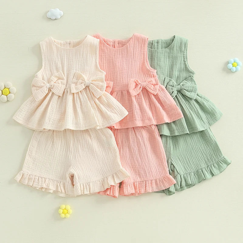 Baby Toddler Kids Girl 2Pcs Summer Clothes Solid Color Bow Round Neck Tank Top + Elastic Waist Ruffled Shorts Set