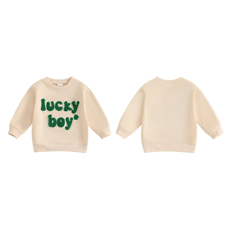 Baby Toddler Boys Lucky Boy St. Patrick's Day Irish Spring Letter Clover Shamrock Embroidered Long Sleeve O-Neck Casual Pullover Top