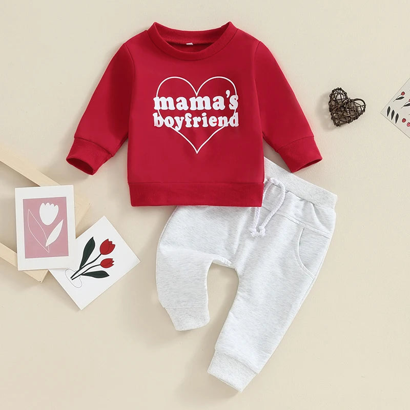 Toddler Baby Boy Girl 2Pcs Set Long Sleeve Letter Mama's Littlest Little Valentine / Mama's Boyfriend Heart Print Top with Jogger Pants Valentine's Day Outfits