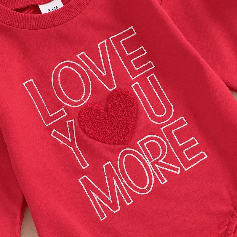 Baby Boys Girls Love You More Valentine's Day Romper Heart Letter Embroidery Long Sleeve Bubble Valentines Jumpsuit