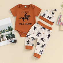 Load image into Gallery viewer, Baby Boy 3Pcs Outfit Yee-Haw Short Sleeve Romper Elastic Waist Star Cowboy Print Pants Hat Clothes Set
