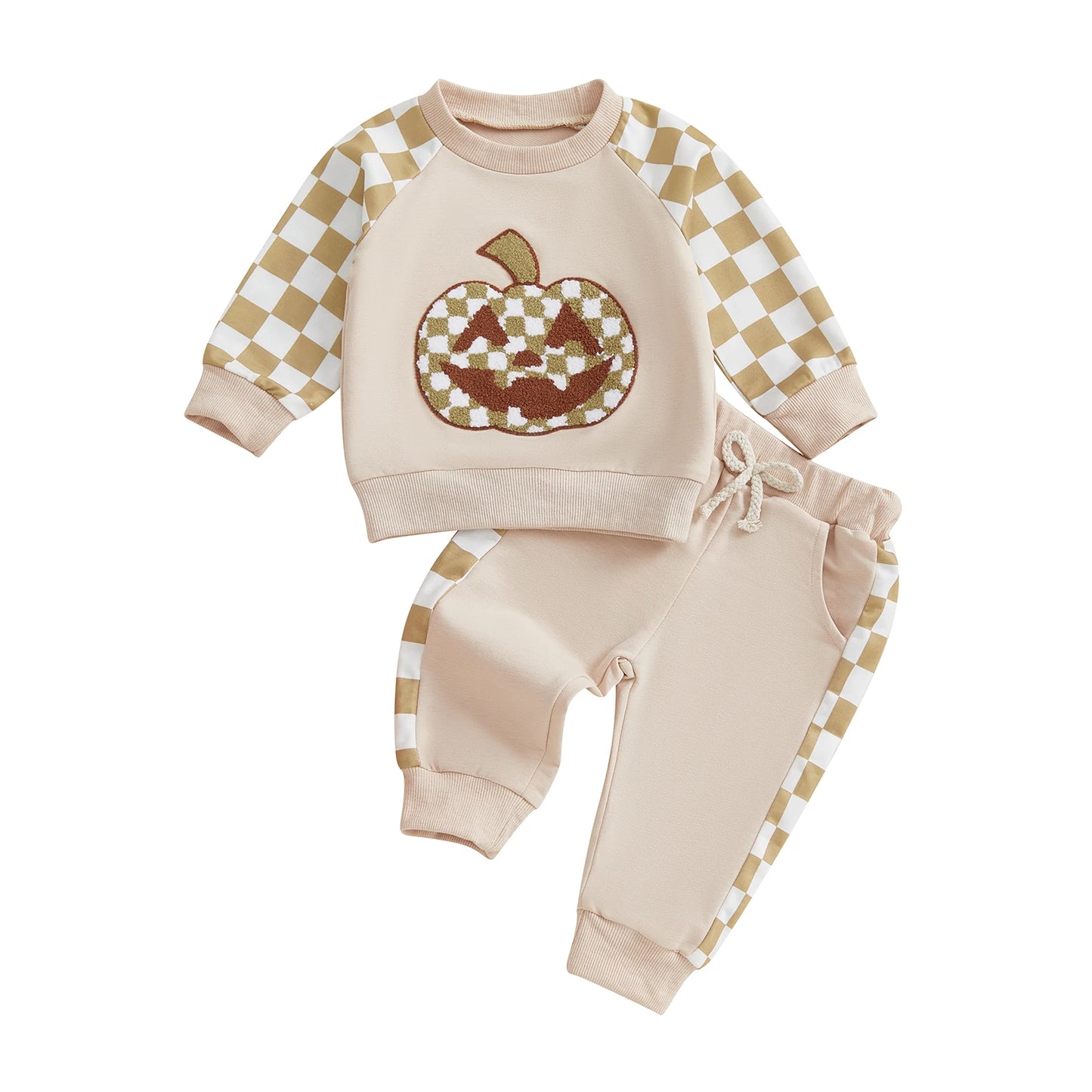 Toddler 2Pcs Baby Boy Halloween Outfits Long Sleeve Checked Pumpkin Embroidery Sweatshirt + Pants Set Clothes