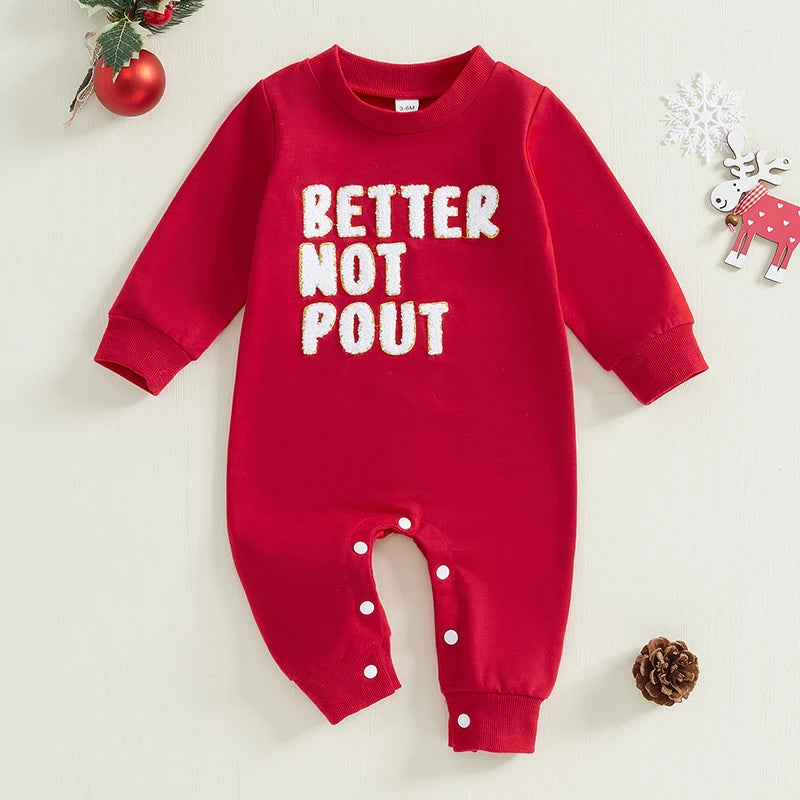 Baby Boys Girls Christmas Jumpsuit Better Not Pout Letter Embroidered Long Sleeve Romper Jumpsuit