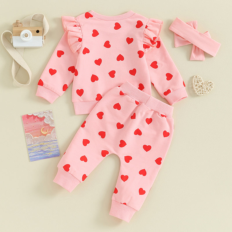 Baby Toddler Girls 3Pcs Valentine's Day Set Long Sleeve Heart Print Top Jogger Pants Headband Set