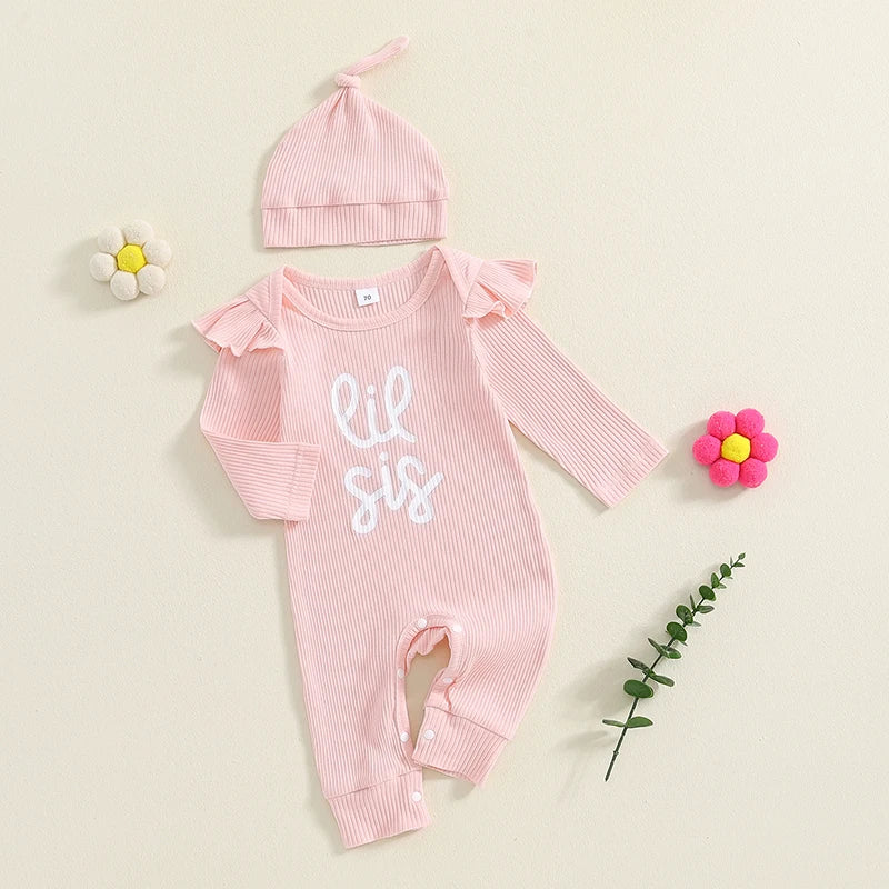 Baby Girls 2Pcs Lil Sis Autumn Jumpsuit Long Sleeve Crew Neck Letter Print Romper with Hat Set