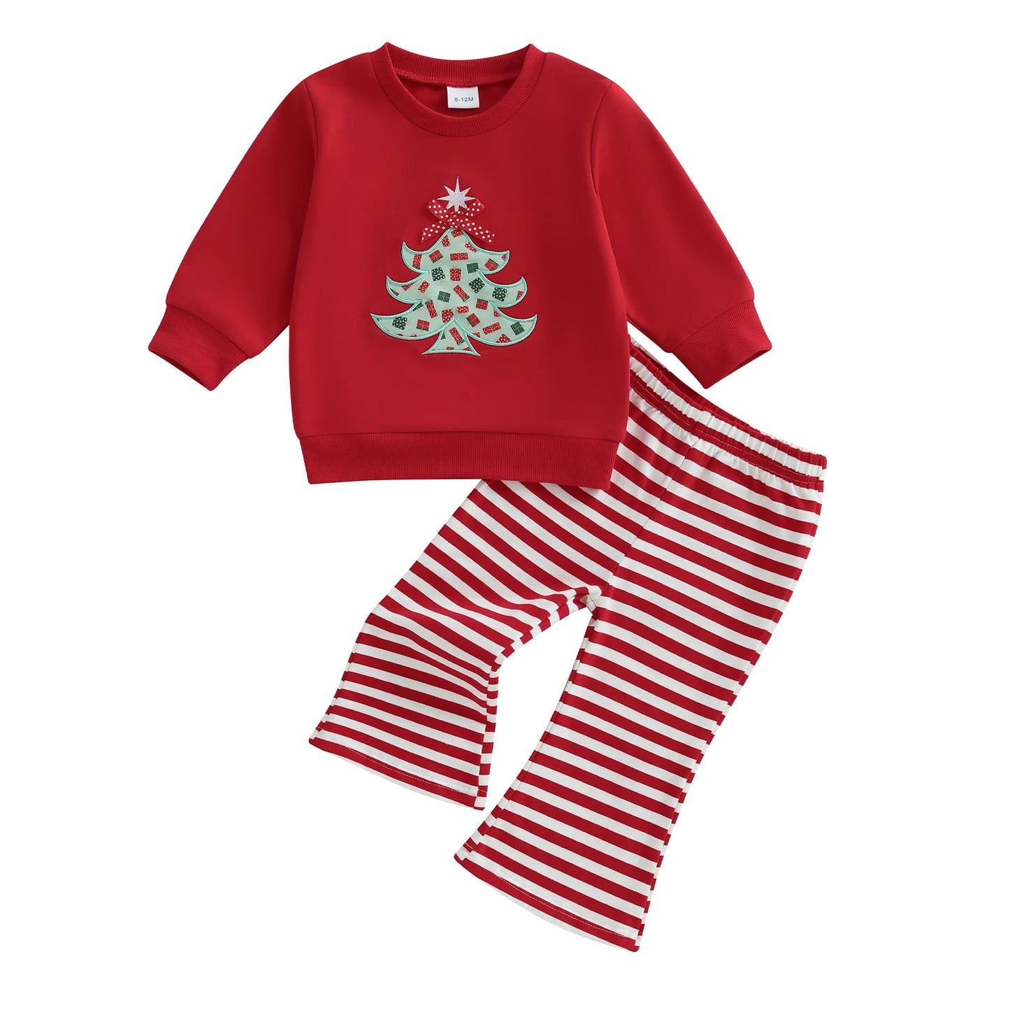 Baby Toddler Girl 2Pcs Christmas Outfit Tree Embroidery Long Sleeve Round Neck Pullover Top Stripe Flare Pants Set