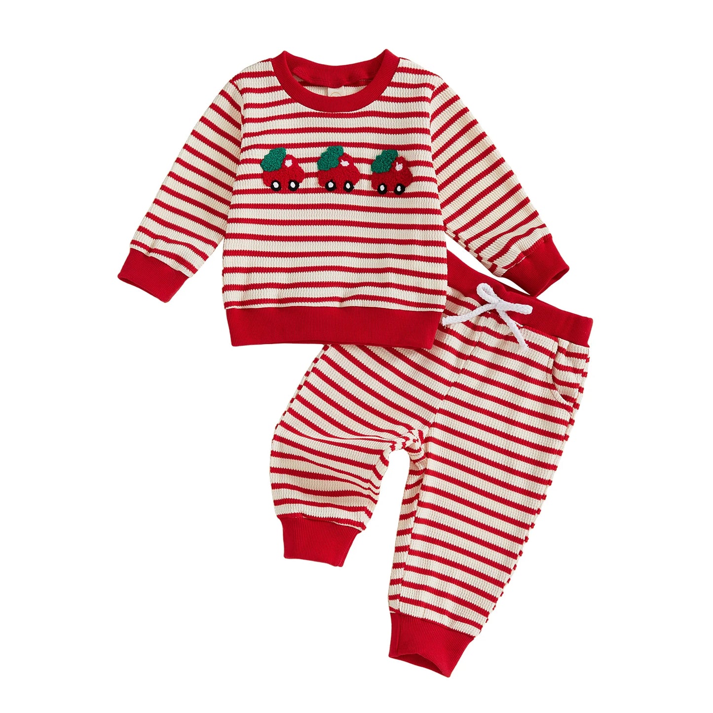 Baby Toddler Girls Boys 2Pcs Christmas Outfit Car Truck Tree Embroidered Striped Crew Neck Long Sleeve Pullover Top and Pants 2Pcs Jogger Set