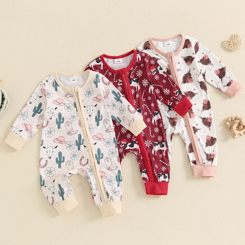 Baby Toddler Boys Girls Casual Jumpsuit Long Sleeve Cattle Head Cow Cactus Candy Cane Snowflake Print Zipper Romper