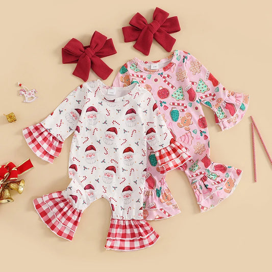 Baby Girls 2Pcs Romper Christmas Print Long Sleeve Jumpsuits Flare Sleeve and Pant and Cute Headband Set Infant Outfits