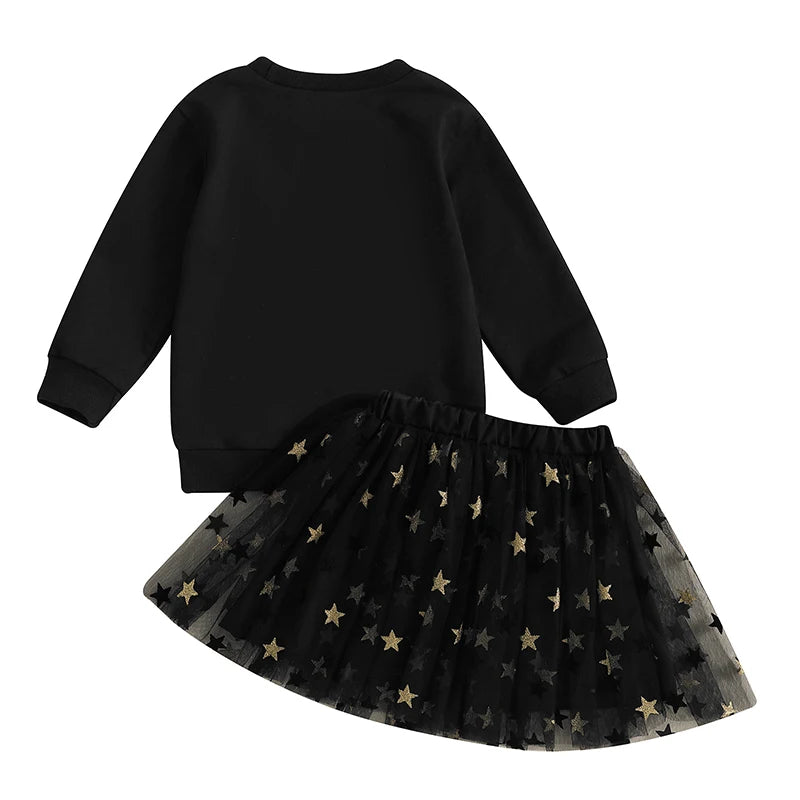 Toddler Kids Girl 2Pcs New Years Cheers Skirt Outfit Letter Embroidery Long Sleeve Top Glitter Star Print Tulle Skirt Clothing Set
