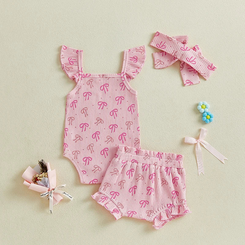 Baby Girls 3Pcs Summer Set Bow Print Fly Sleeve Romper Elastic Waist Ruffle Shorts Headband Outfit Clothes Spring