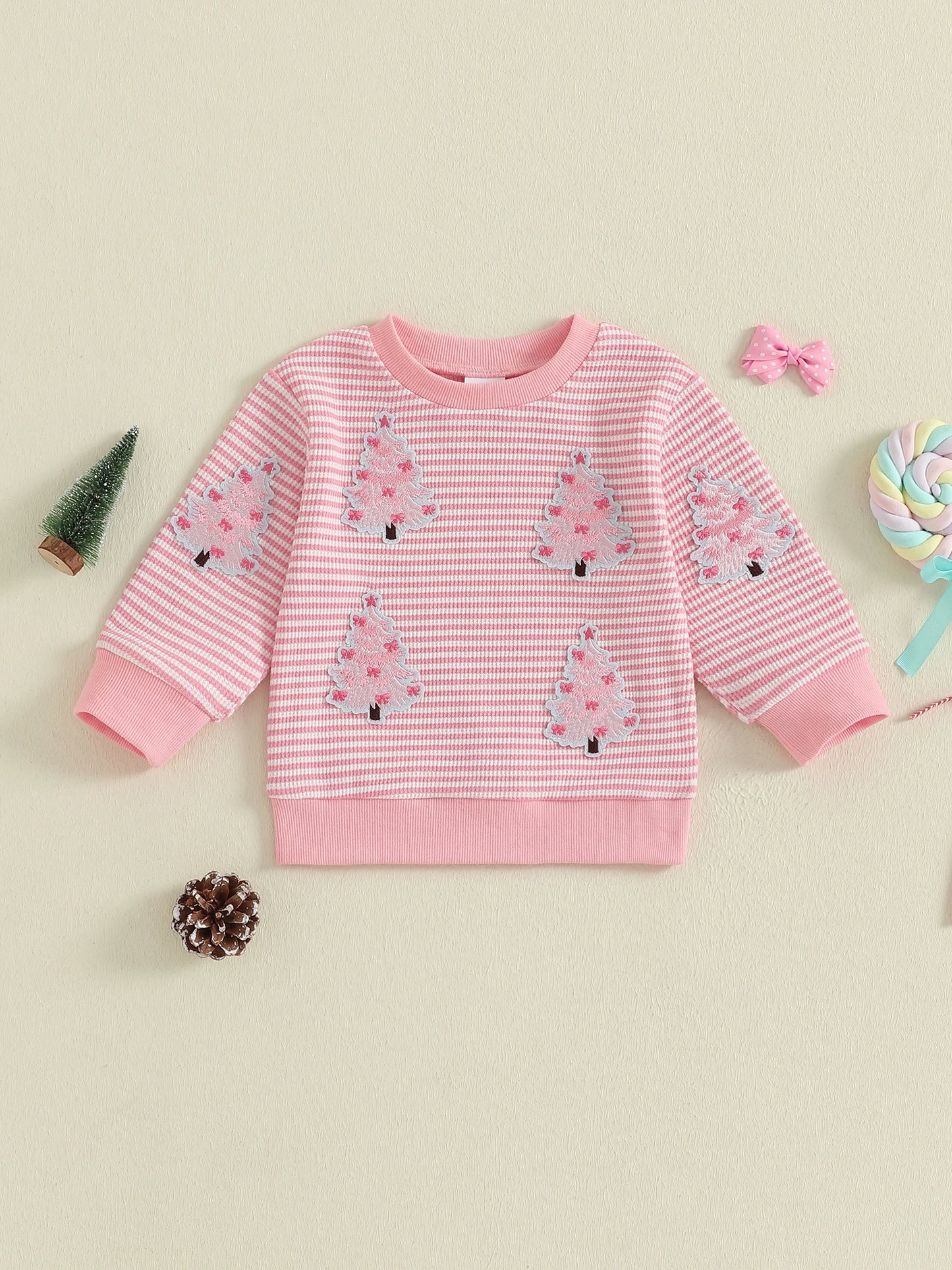 Baby Toddler Girl Christmas Top Christmas Tree Embroidered Striped Crew Neck Long Sleeve Pullover