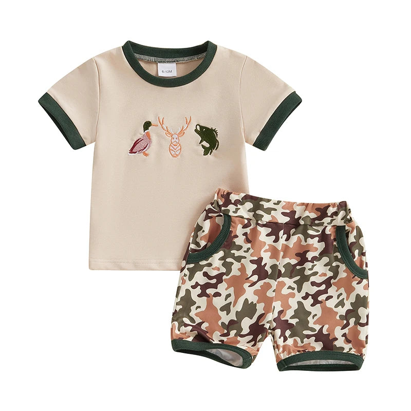 Baby Toddler Boys 2Pcs Summer Outfit Duck Embroidery Short Sleeve Top and Elastic Camouflage Shorts Set