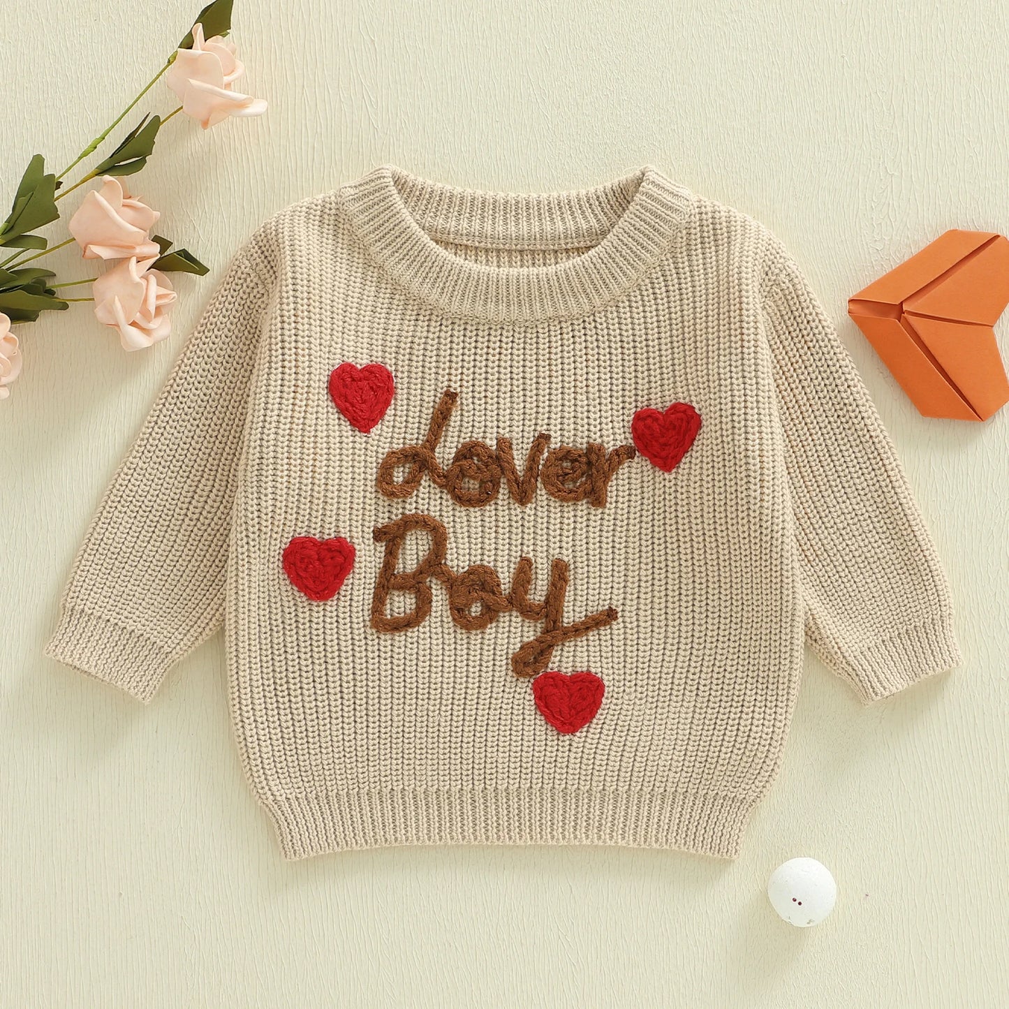 Baby Toddler Boys Valentines Sweater Fashionable Letters Lover Boy Heart Embroidery Crew Neck Long Sleeve Knit Top